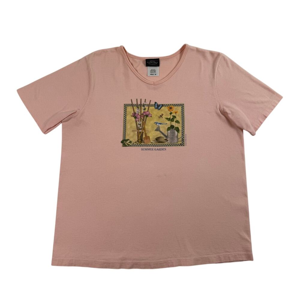 Summer Garden Cottage Core Floral Butterfly Birds Grandma Graphic Shirt Medium
